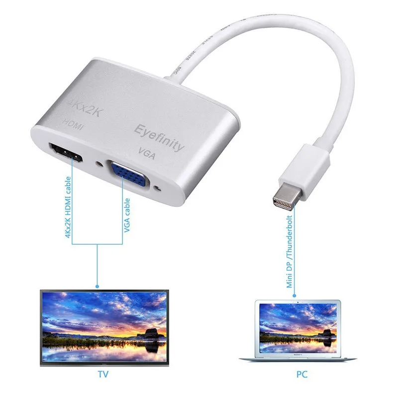 Mini DisplayPort DP к HDMI 4KX2K/VGA 2 в 1 алюминиевый кабель адаптер для Mac MacBook Pro Air Surface 2017
