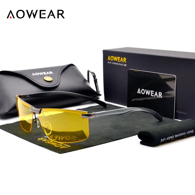 AOWEAR, день, ночь, водительские солнцезащитные очки, мужские, поляризационные, ночное видение, желтые очки, мужские, алюминиево-магниевые очки, солнцезащитные очки, чехол