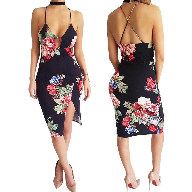 Женское платье-комбинация YOUNG VIVA с V-образным вырезом открытой спиной и цветочным