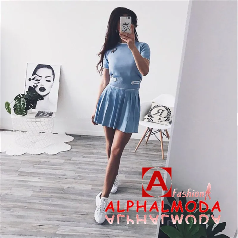 ALPHALMODA летние женские трикотажные футболки с коротким рукавом+ юбки А-силуэта, комплекты из 2 предметов, украшенные аппликацией, спортивные женские костюмы