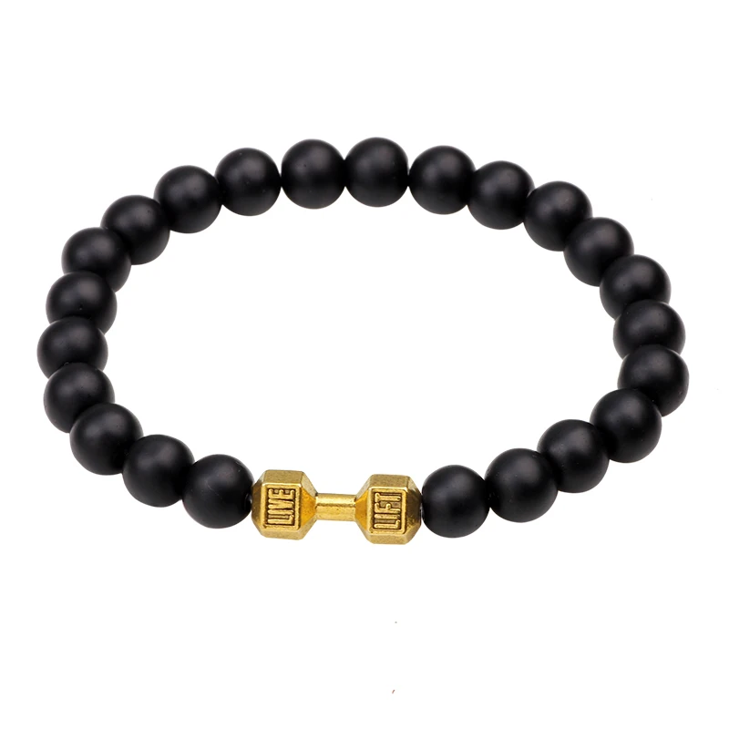 National Wind Black Matte Stone Beads Fit Life Dumbbell Bracelets Fitness Alloy Metal Barbell &amp Gym Bracelet | Украшения и