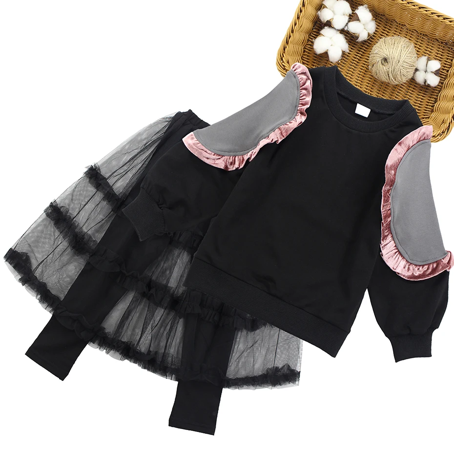 Girls Clothes Set Sweatshirt+ Mesh Cake Pants 2PCS Girls Set Autumn Spring Children'S Sport Suit 10 12 13 14 Year Kids Clothes