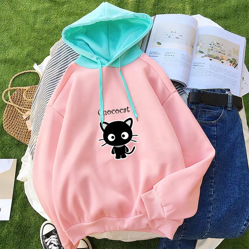 pink Толстовка женская розовая с длинным рукавом Лоскутная Толстовка Пуловер Sudadera Mujer Повседневная Harajuku Kawaii Мультфильм CHOCOCAT Топы Moletom - Цвет: pink