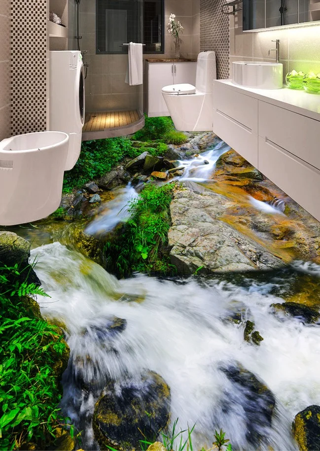 3 d ПВХ полы пользовательские само сцепление 3d речной камень потоки настил для