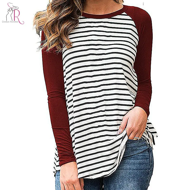 Три Цвета хлопок в контрастную полоску футболка с длинными рукавами лето 2018