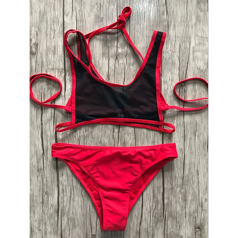 New Mesh Triangle Three Piece Swimwear Women Bikini Set Sexy Splicing See Through Swimsuit Cut Out Beach Wear Red Bathing Suits |
