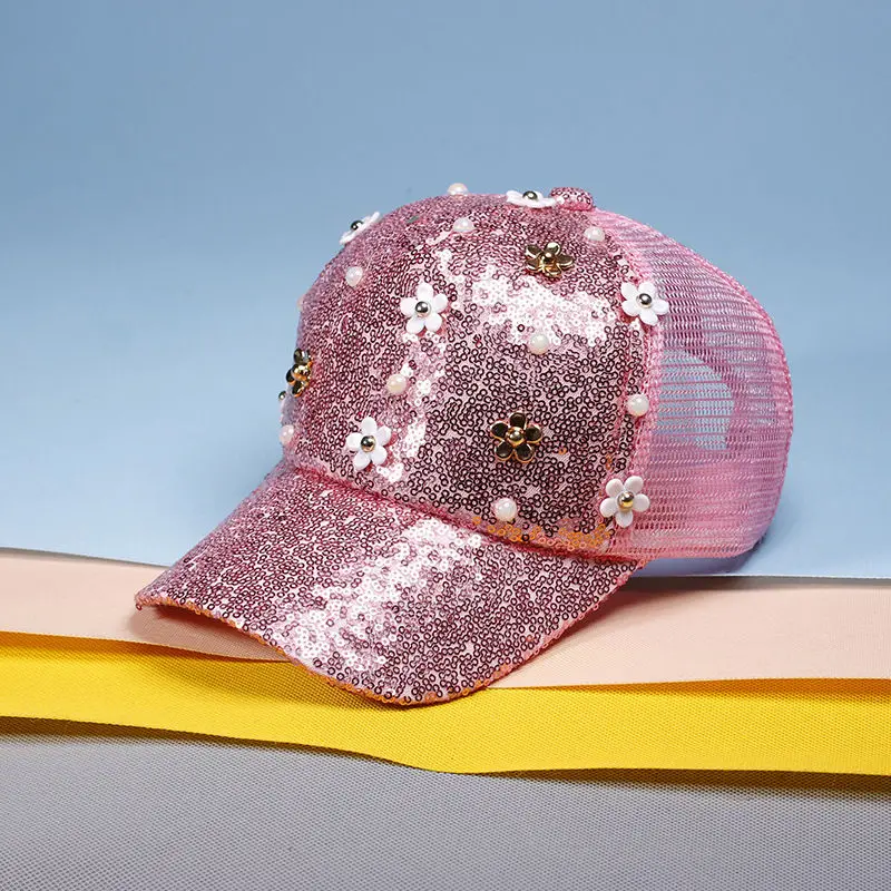 Для взрослых блеск Блёстки Кружево Snapback Бейсбол шляпа Для женщин летние Шапки удивительный алмаз модные Защита от солнца Hat - Цвет: flower pink