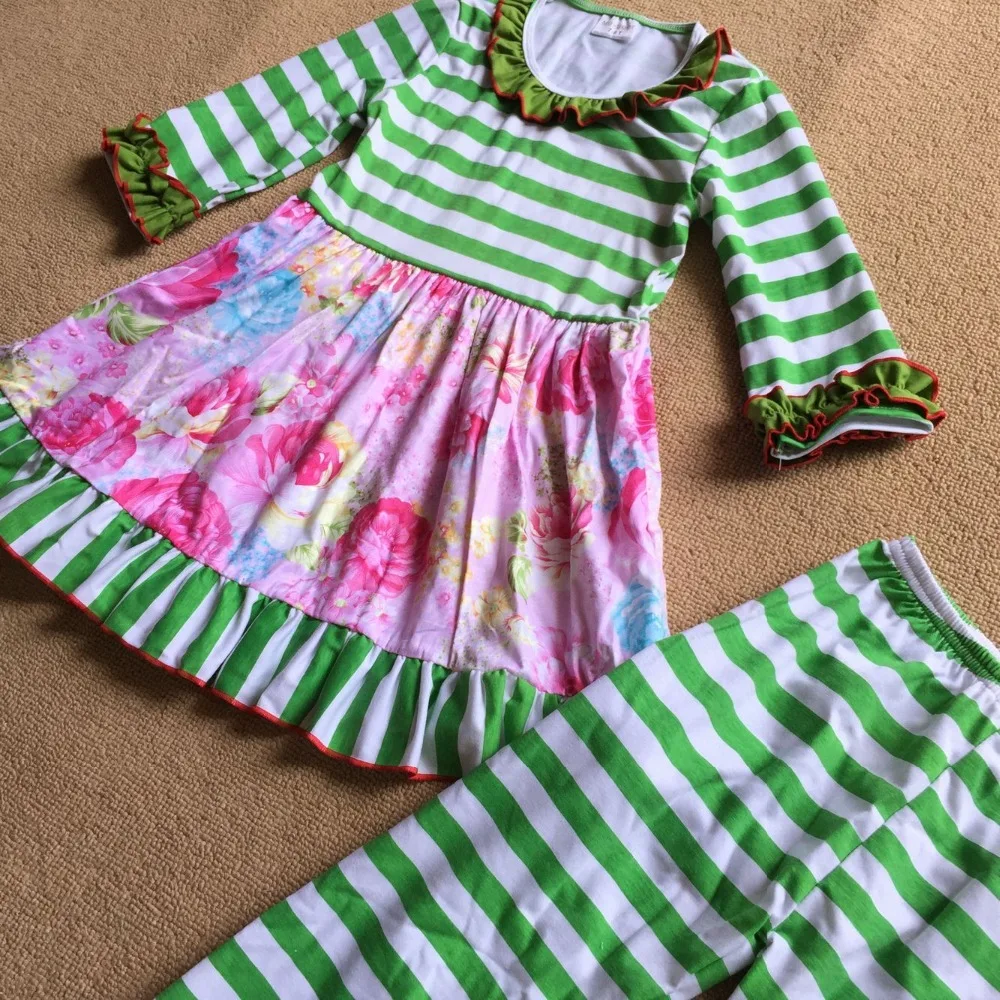 Зеленый полосатый платье детские Платье для девочек цветочные платья От 2 до 8 лет