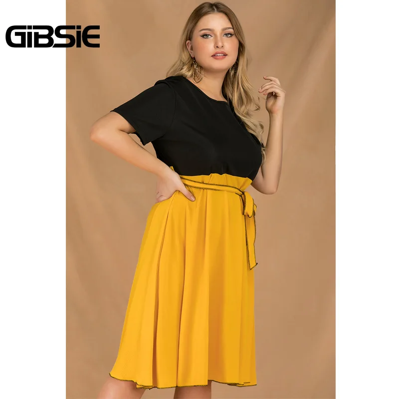 Женское платье туника GIBSIE желтое Повседневное средней длины в стиле пэчворк с о