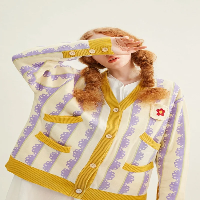 Женский толстый вязаный кардиган фиолетовый желтый свитер с v-образным вырезом и