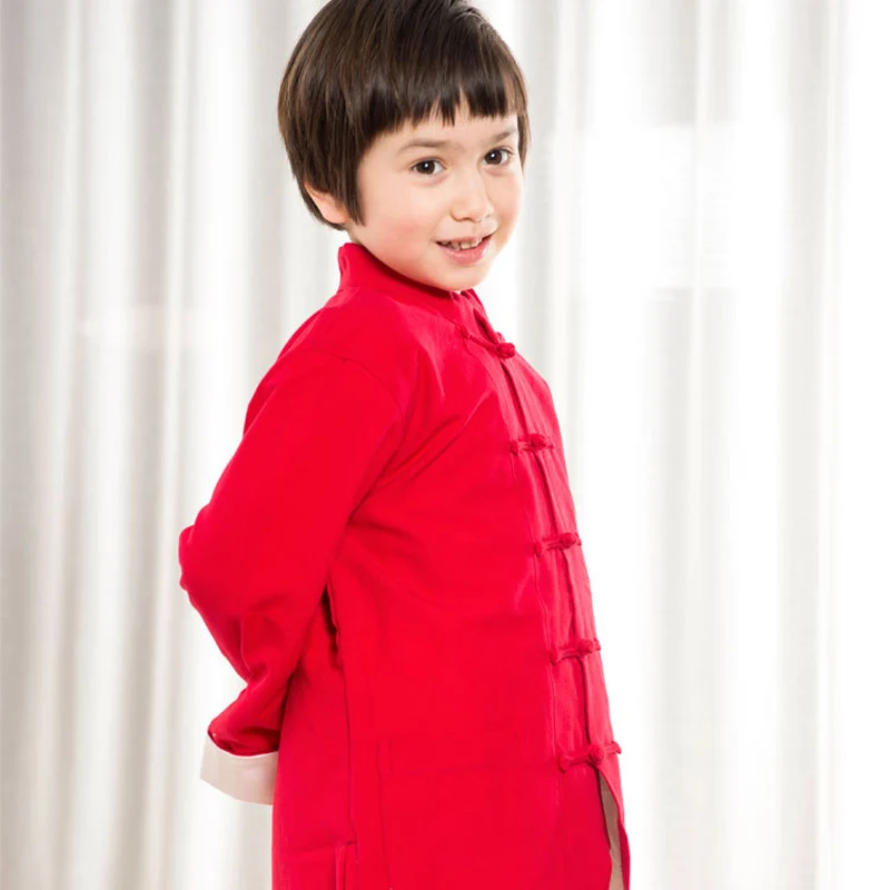 Red ActhInK Дети Весна Китайский Hanfu тонкое пальто для мальчиков со вставками льняная рубашка с длинным рукавом и цветами в стиле пэчворк для детей; производительность верхняя одежда, ZC026 - Цвет: Red