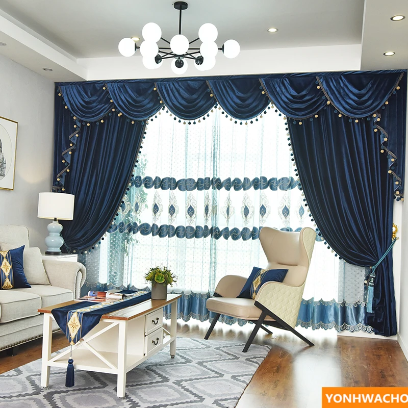 

Custom curtains high grade European modern Navy blue thick Italian velvet cloth blackout curtain tulle valance drapes N939