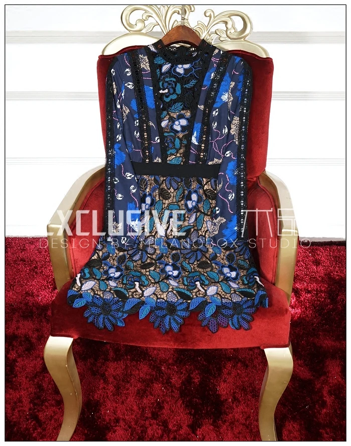 Весна 2017 Новое поступление женская одежда модное синее платье с длинным рукавом