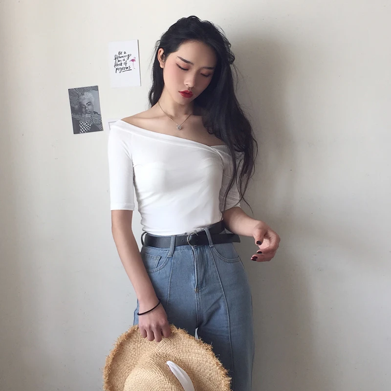 Женские футболки топы японские Kawaii для девушек Ulzzang косой вырез без бретелек