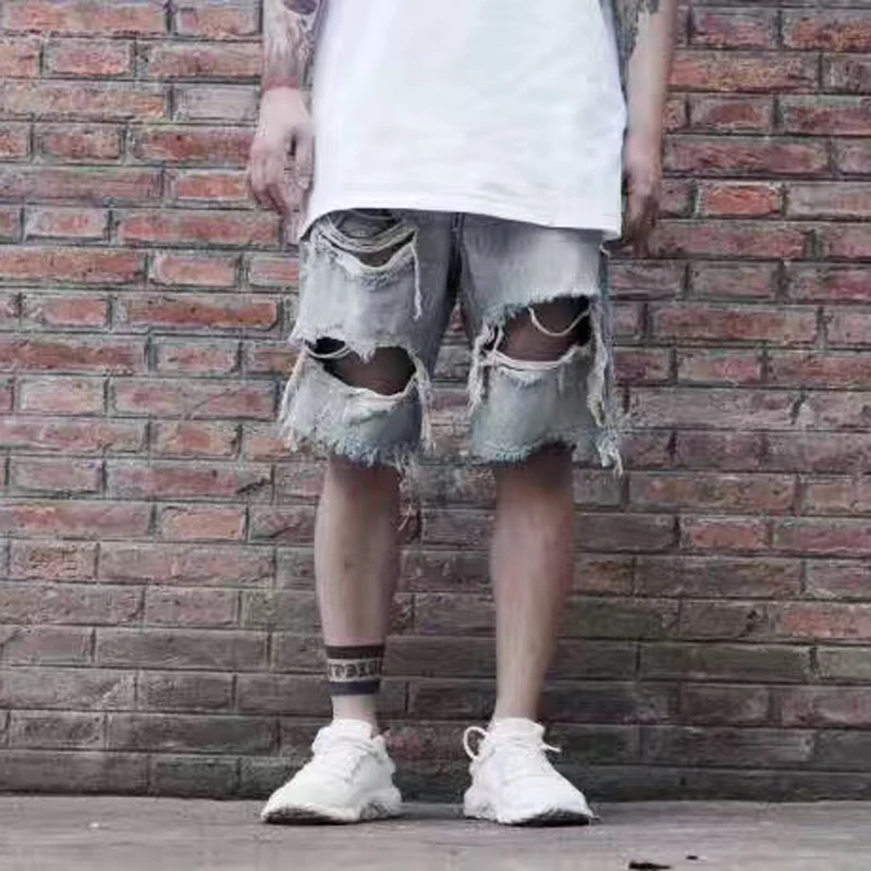 

2017 Hot Sale Men's Summer hiphop Fashion sweat Shorts Casual Joggers Elastic Waist Trousers destroyed frazzle jeans Shorts