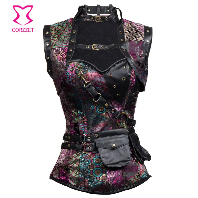 

Purple Brocade Burlesque Rave Steel Boned Overbust Corset Waist Trainer With Jacket Pouch Belt Outfits Gothic Steampunk Clothing