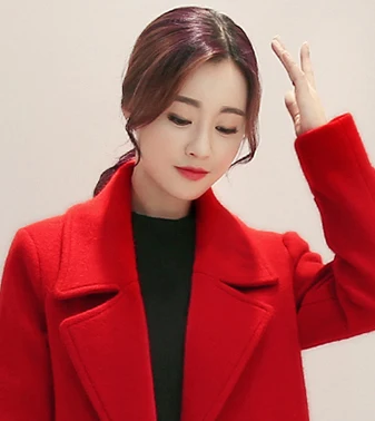 Пальто женское шерстяное красное с отложным воротником 2019