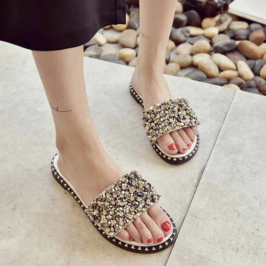 YOUYEDIAN/Женская удобная обувь Шлепанцы со стразами Пляжная на плоской нескользящей