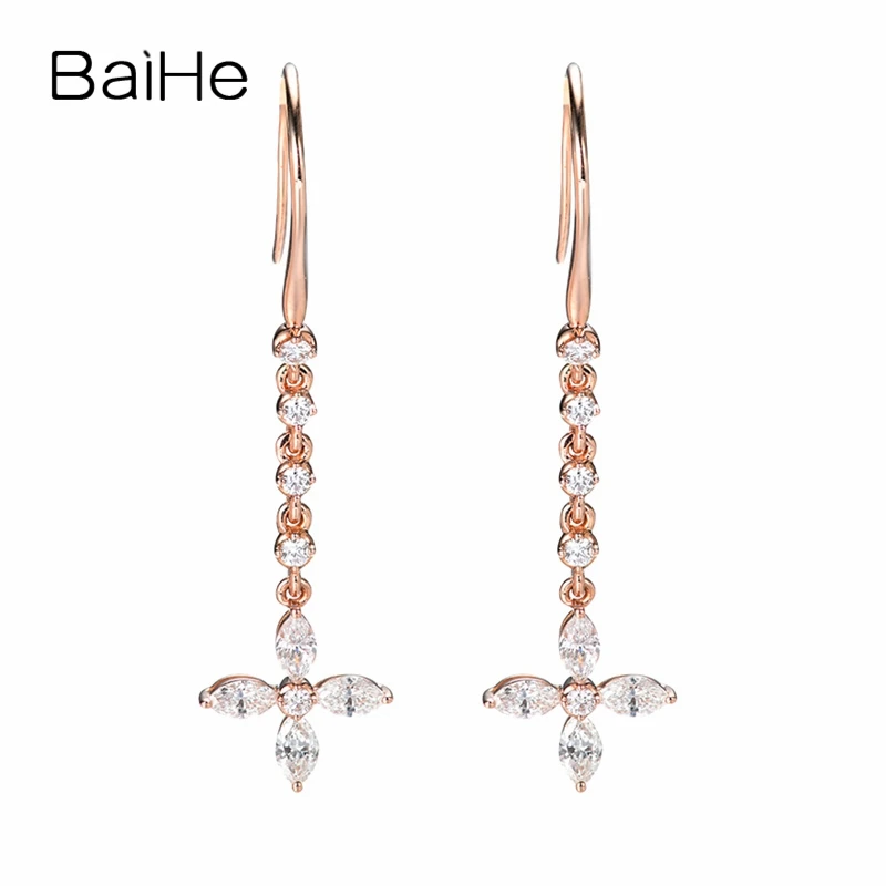 

BAIHE Solid 14k Rose Gold 0.86ct Round Marquise Natural Diamond Earrings Fine Jewelry Flower Earrings Ear Hook Girl Women Gift