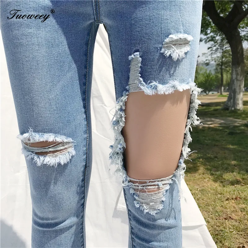 Отверстие Рваные джинсы сексуальные Для женщин Boyfriend Denim Винтаж с эластичной резинкой на талии, с Повседневное брюки женские, тонкие узкие женские укороченные брюки больших размеров Брюки