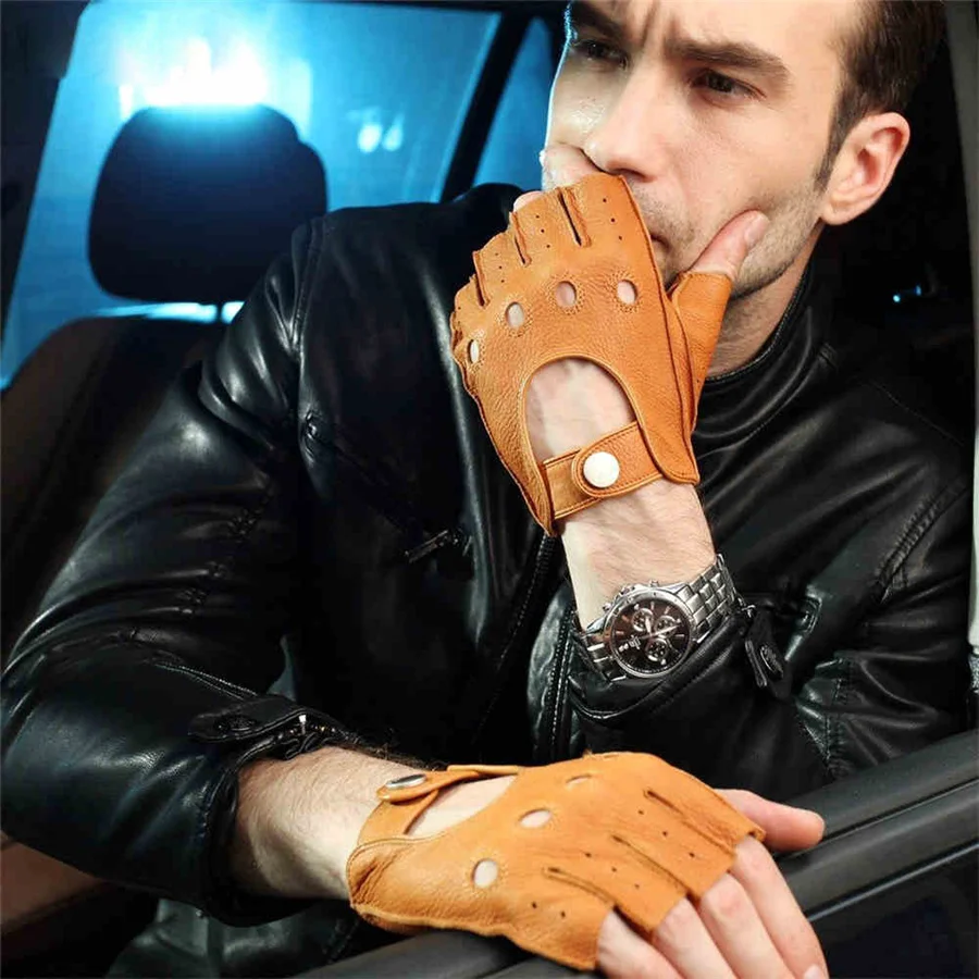 

Men Deerskin Fashion Gloves 2018 Wrist Half Finger Driving Glove Solid Adult Fingerless Mittens Real Genuine Leather EM001W