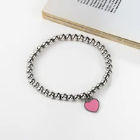 classic design light blue and pink enamel heart charm bead bracelet high quality titanium steel jewelry love woman bracelet