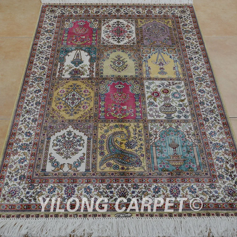 Yilong 3 'x 4 5' Античный персидский шелк розовый садовый коврик ручной вязки