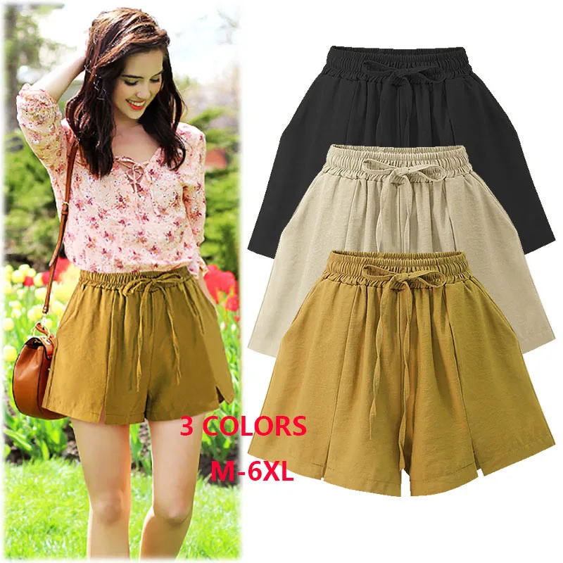 

Plus Size Short Pants M - 6XL 3XL 4XL 5XL Solid High Waist Loose Drawstring Chiffon Black Khaki Spring Summer Women Plus Size