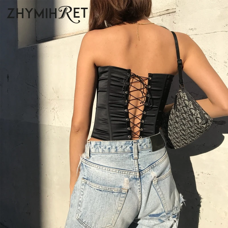 Женский топ на шнуровке ZHYMIHRET неоновый зеленый укороченный с поясом