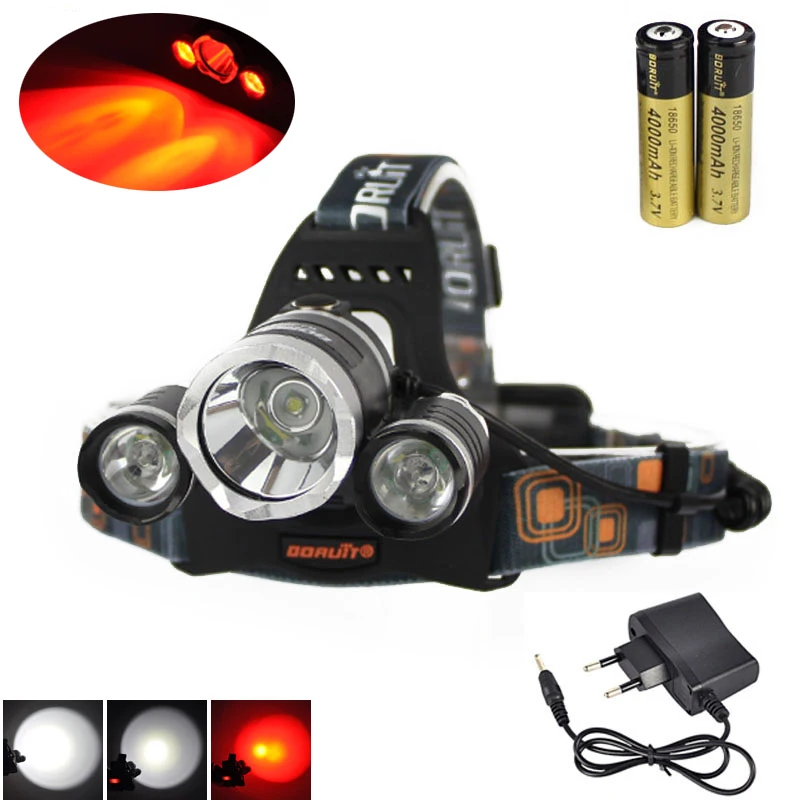 BORUIT 6000LM 3x XM L T6 + 2R5 красный светодиодный налобный фонарь 18650 зарядное устройство