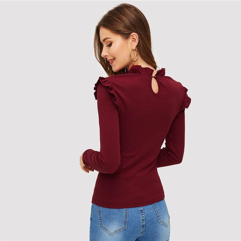Dotfashion, бордовая, с оборкой, одноцветная, с длинным рукавом, футболка, женская, повседневная, осенняя, стоячий воротник, топы, тонкая, подходит, одежда, простая футболка
