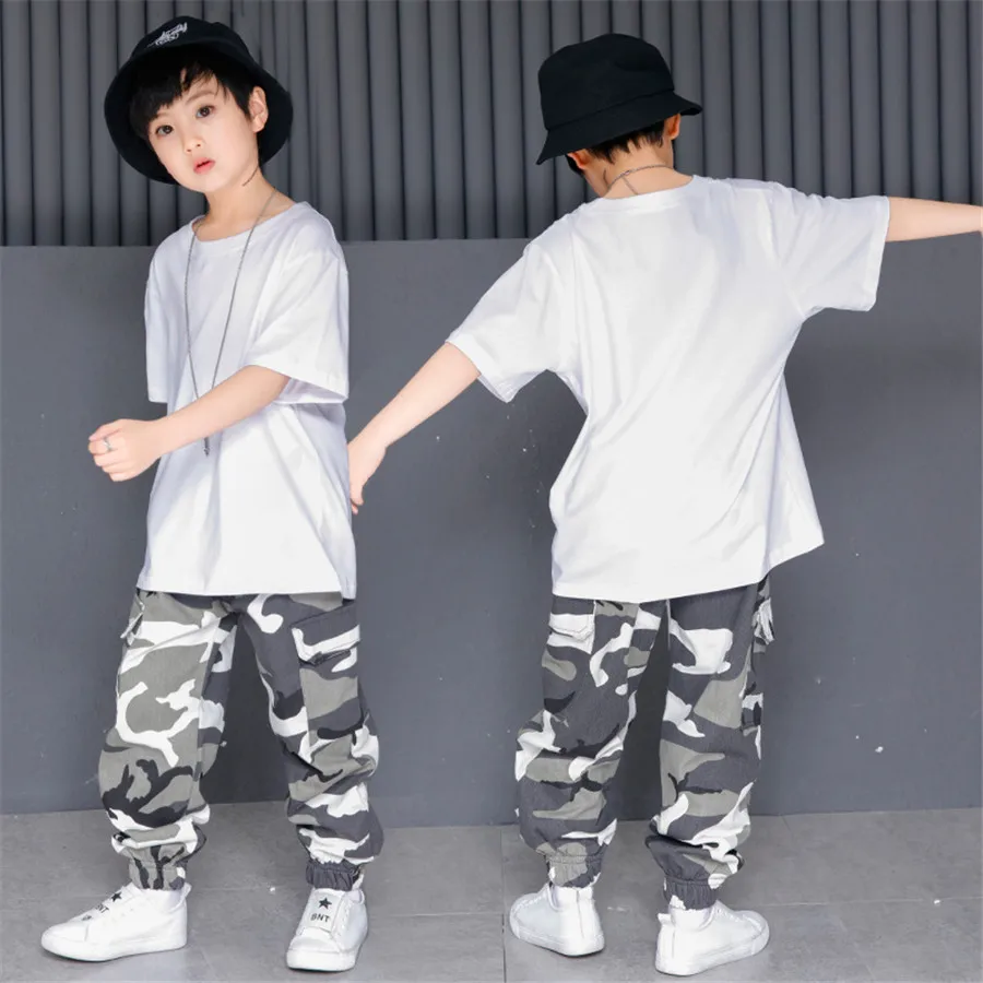 

White T-shirt Grey Camouflage Pants Kids Hip Hop Dance Costumes for Girls Boys Children Jazz Hiphop Street Dance Suits Clothes