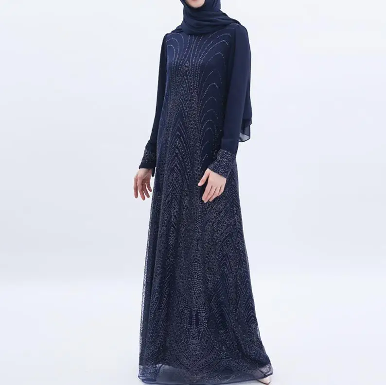 Dark blue dress Абайя Дубай мусульманский хиджаб платье женщины кафтан турецкая исламская одежда платья абайя s кафтан халат Femme Musulman молитва одежда - Цвет: Dark blue dress