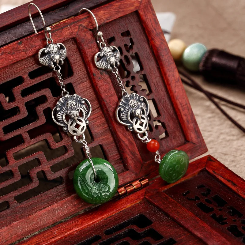 

2018 Earings Fashion Jewelry Natural Hetian Jade 100% 925 Pure Inlay Lotus Frist Grade Quality Drop Earrings For Lady