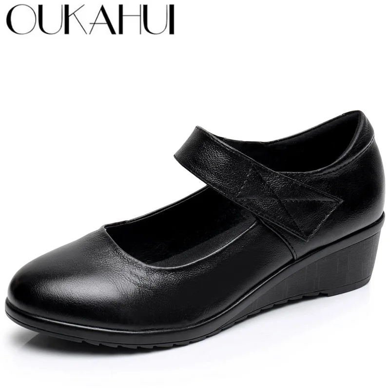 

OUKAHUI Brand Spring\Autumn Wedge Heels Mary Janes Womens Shoes Flats Shallow Hook Loop Cow Leather Flat Casual Shoes Woman 2019