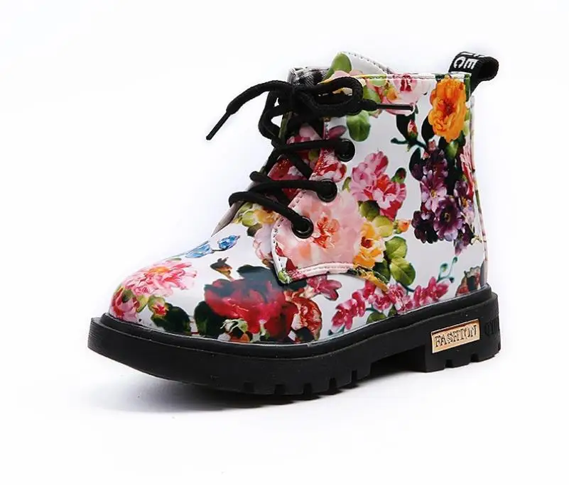 Белый Size21-30 детские цветочные ботинки из искусственной кожи для мальчиков и девочек кожаные ботинки martin детская обувь для младенцев модные ботинки - Цвет: Белый