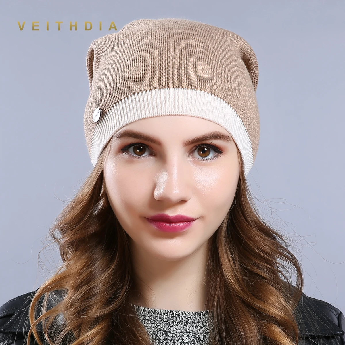Женские шапки VEITHDIA вязаные шерстяные в полоску высокого качества на осень и зиму