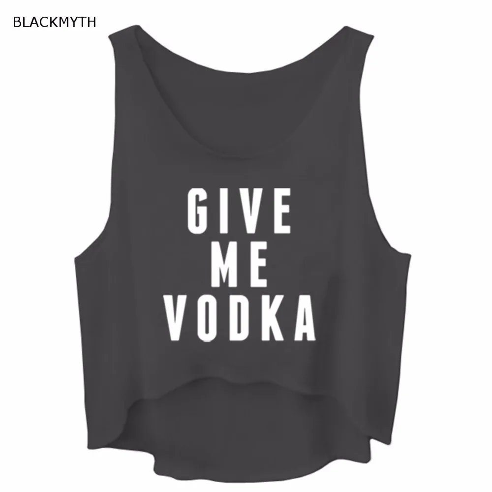 BLACKMYTH Модные женские свободные черные футболки без рукавов с надписью GIVE ME VODKA|crop