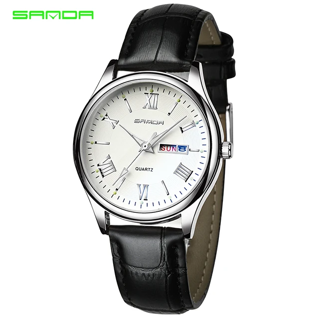 blk white silver SANDA светящиеся кварцевые часы мужские часы деловые черные кожаные Наручные часы Роскошные мужские часы Geneva Relogio Masculino - Цвет: blk white silver