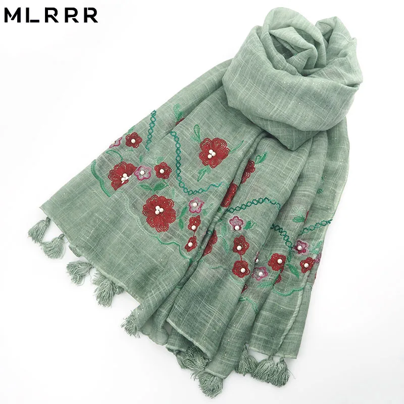 MLRRR new fashion gold powder cotton embroidered pearl long scarf female (turmeric light green watermelon red) |