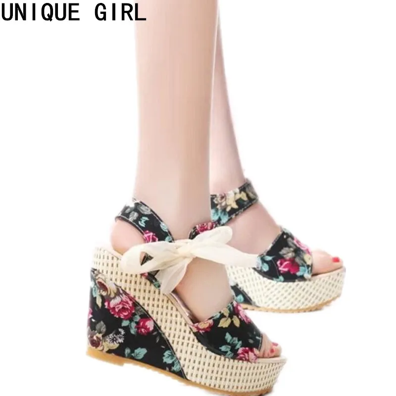 Мода Женщин Сандалии Летние Клинья женские Платформы Кружева Пояса Лук