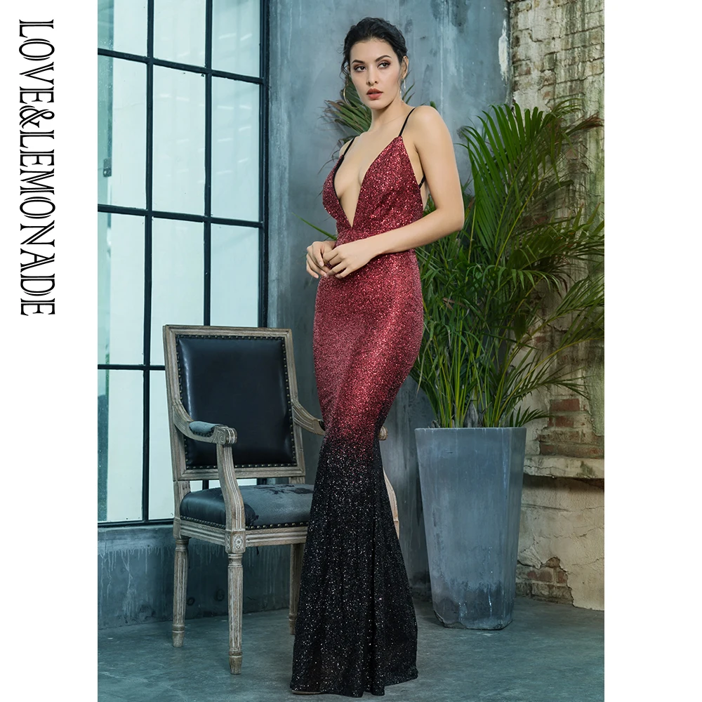 Love&Lemonade Red/Black Card Shoulder Deep V-Neck Party Dress LM80386
