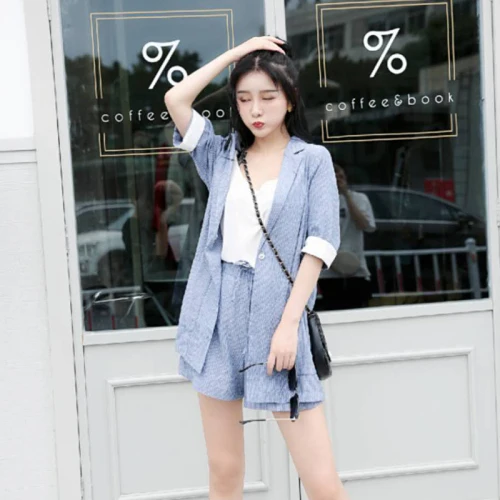 Комплект из хлопка и льна свободный Блейзер светло-голубая одежда в полоску