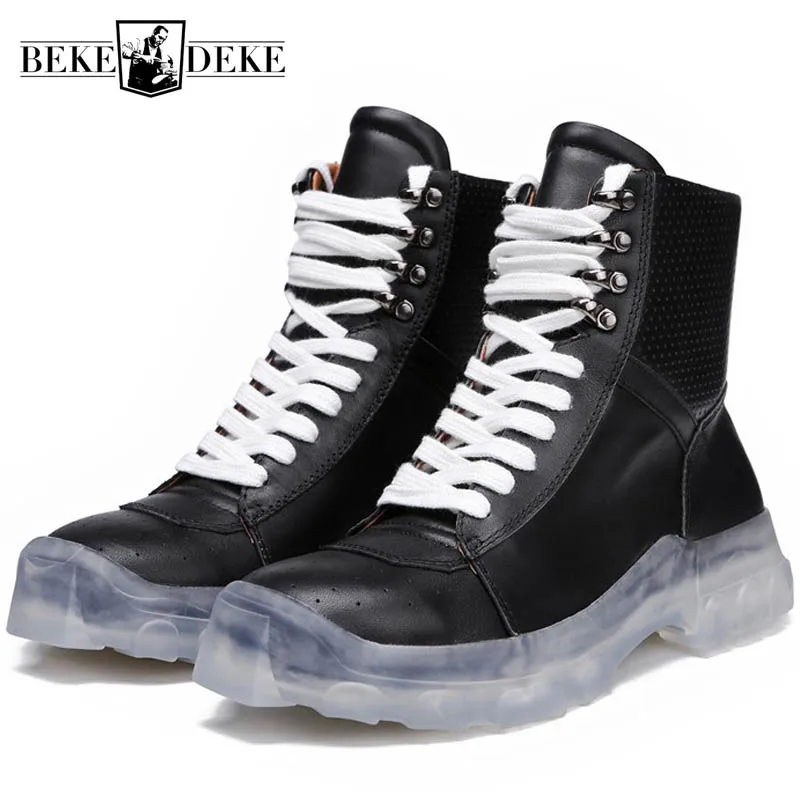 Кроссовки мужские из натуральной кожи высокие на толстой платформе шнуровке