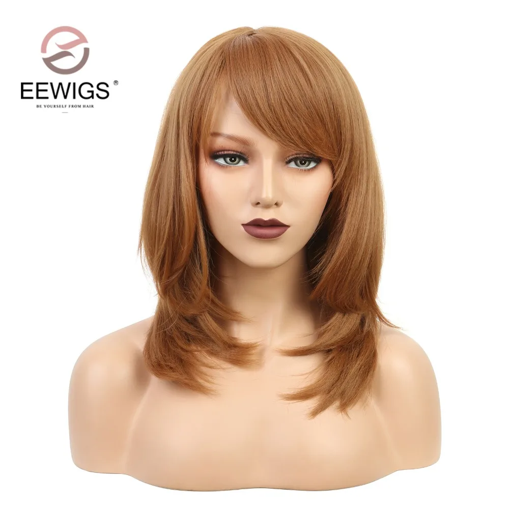 EEWIGS короткий парик с Косой взрыва натуральный яки прямые синтетические парики для женщин черный коричневый парик термостойкие натуральные волокна