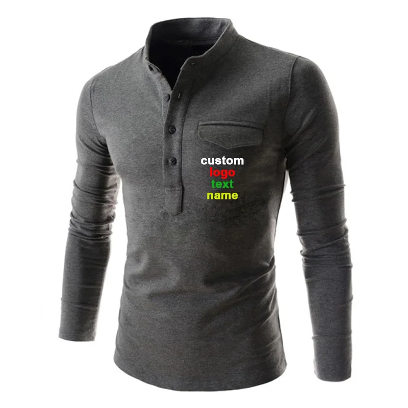 Мужская футболка с длинными рукавами и воротником-стойкой на пуговицах карманом