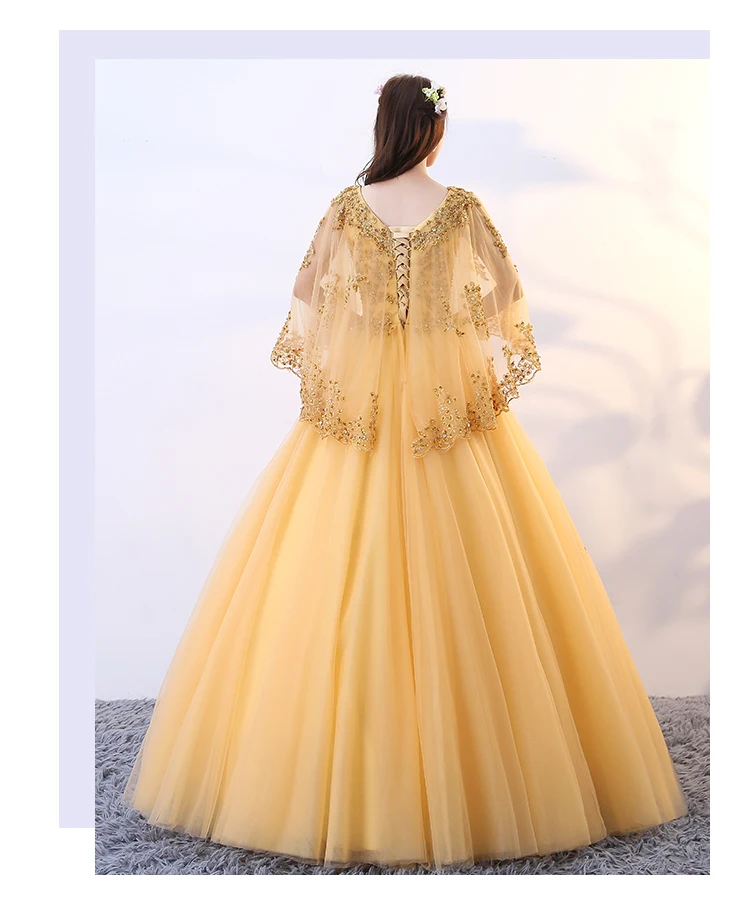 Quinceanera платье золотистого цвета кружевное Пышное фатиновое с аппликацией из