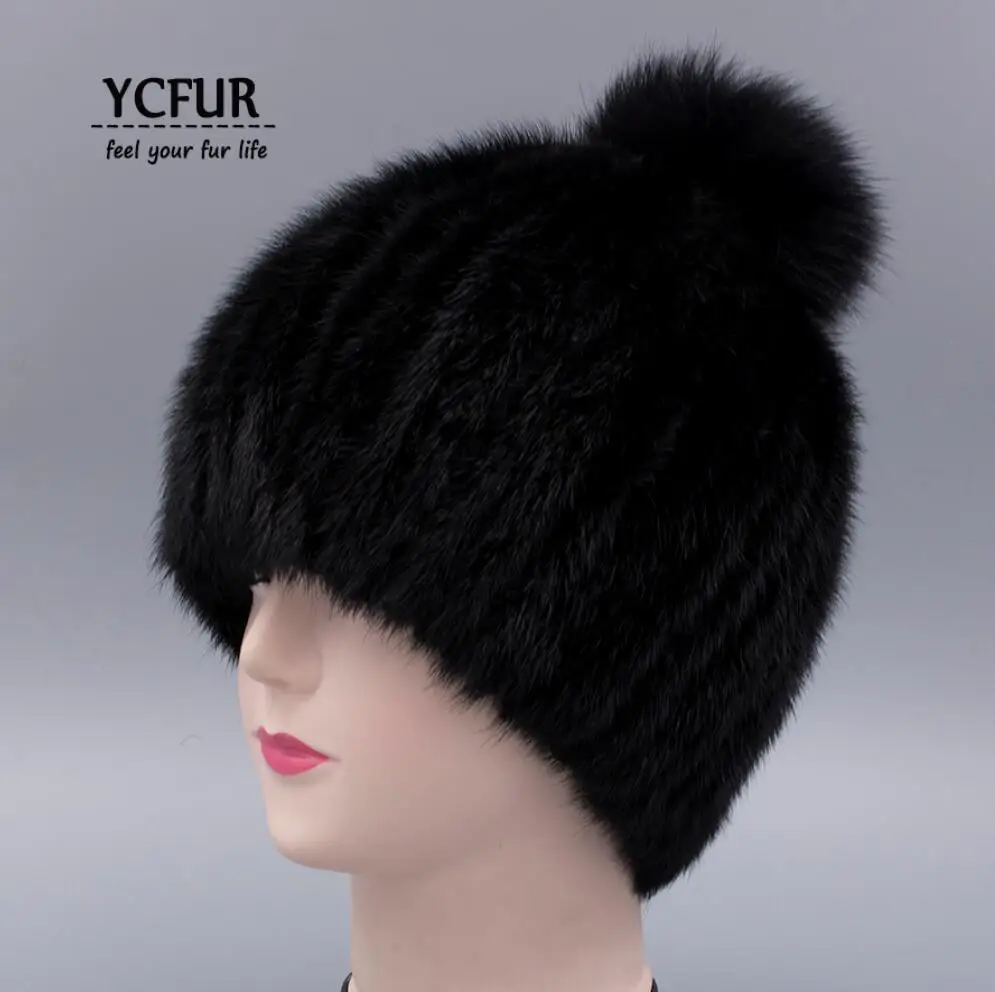 YC Fur зимняя теплая шапка s шапки для женщин качество натуральный мех норки шапки шапочки с помпоны из лисьего меха шапка муфта зимняя шапка - Цвет: black