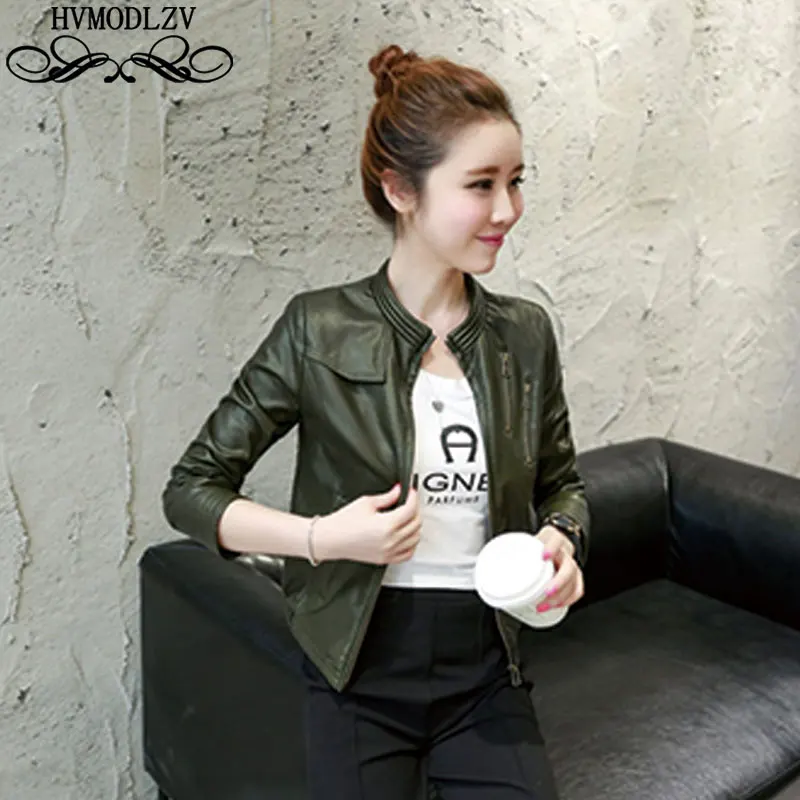 Осенняя женская кожаная куртка новинка 2017 тонкая мотоциклетная черная крутая