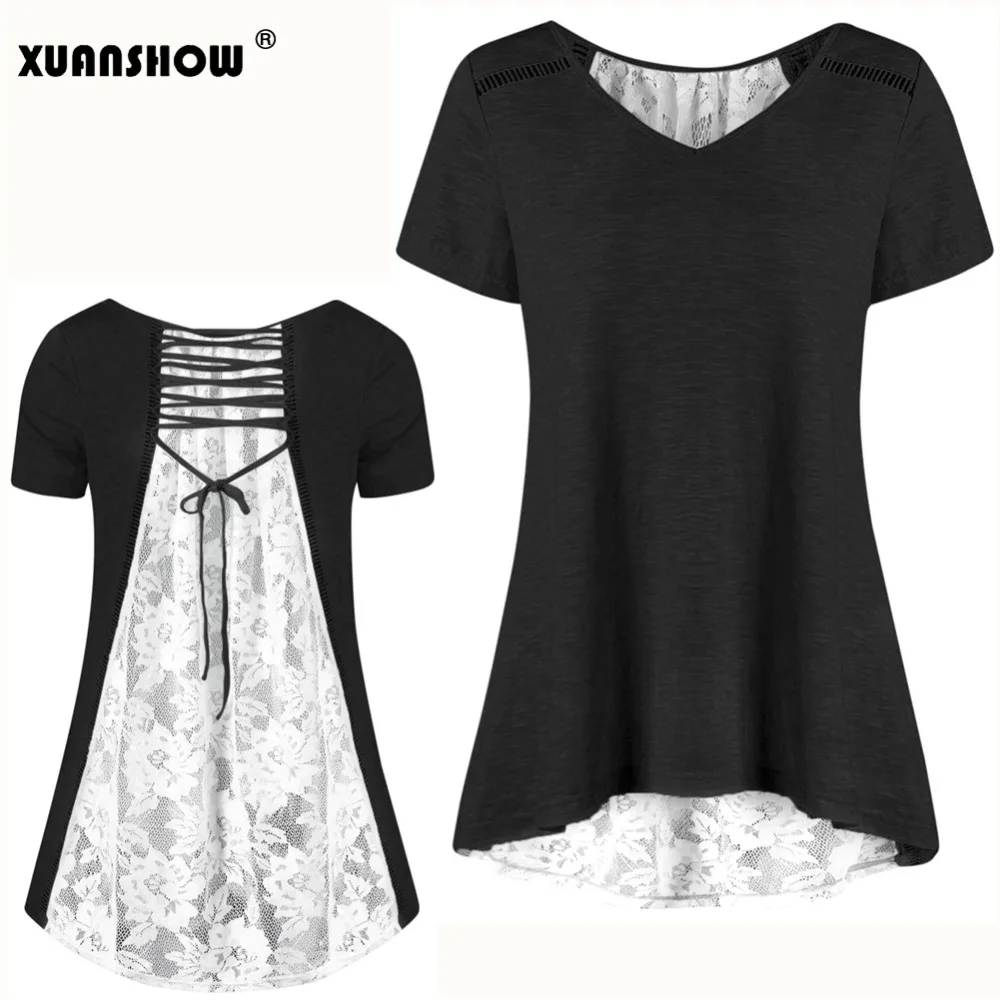 XUANSHOW летние топы с коротким рукавом и v-образным вырезом футболки для женщин